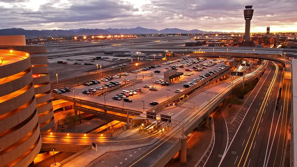 Covered airport parking garage near a passenger terminal