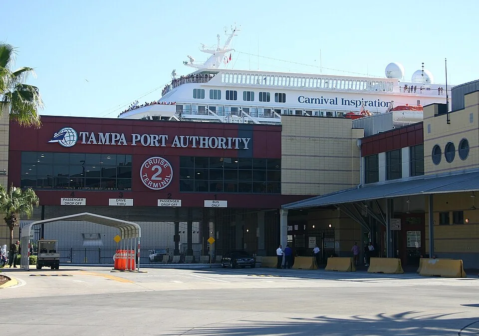 Port of Tampa Cruise Terminal 2 entrance with Carnival Inspiration behind the terminal in March 2011